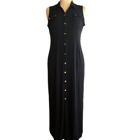 Chico's Maxi Dress Size Women's 8/10 Large Black with Gold Snap Slit Sleeveless - Picture 1 of 4